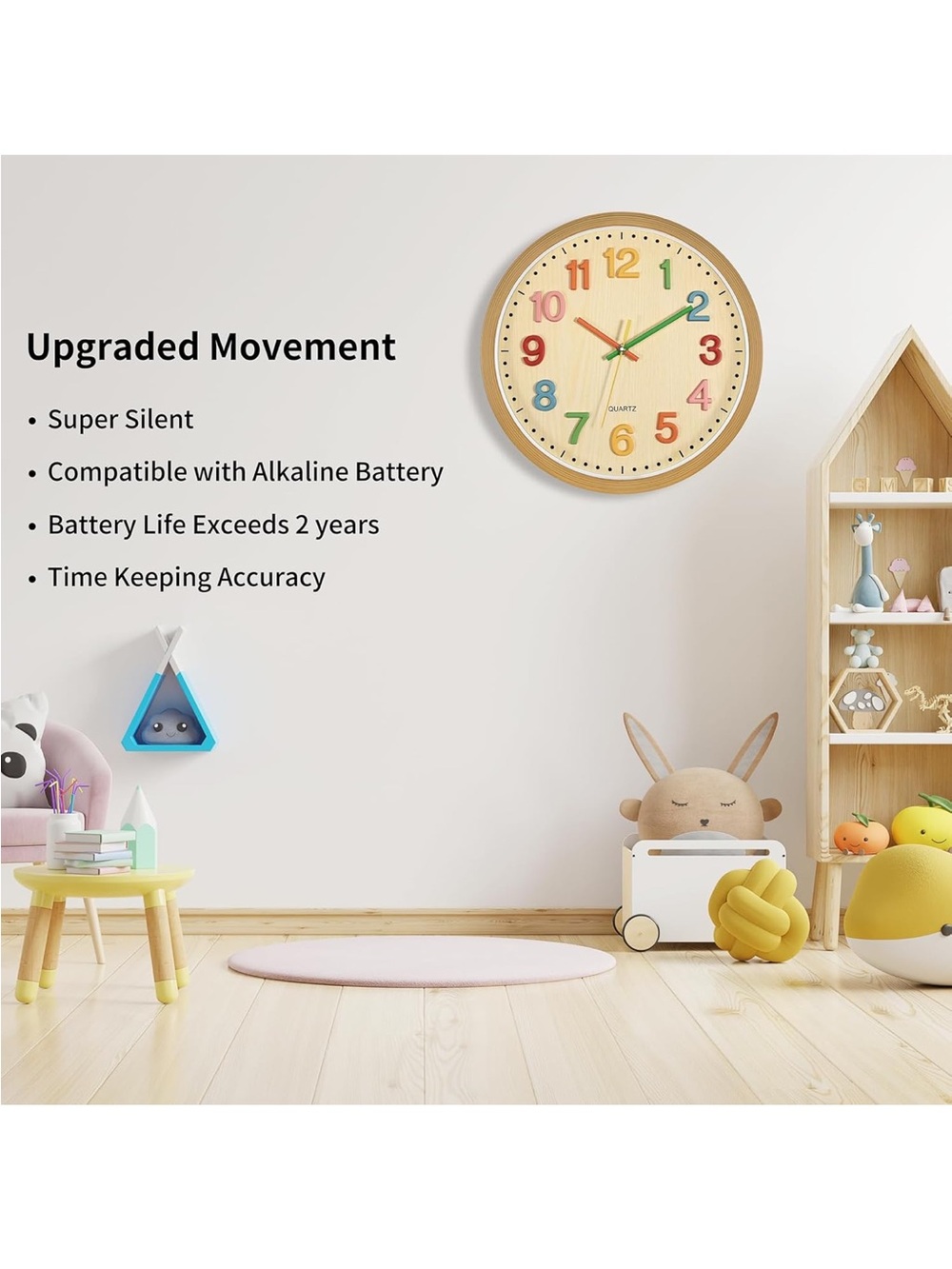 Foxtop 12" Silent Kids Wall Clock Colorful 3D Numbers Playroom Classroom NEW⁠ - Picture 9 of 16
